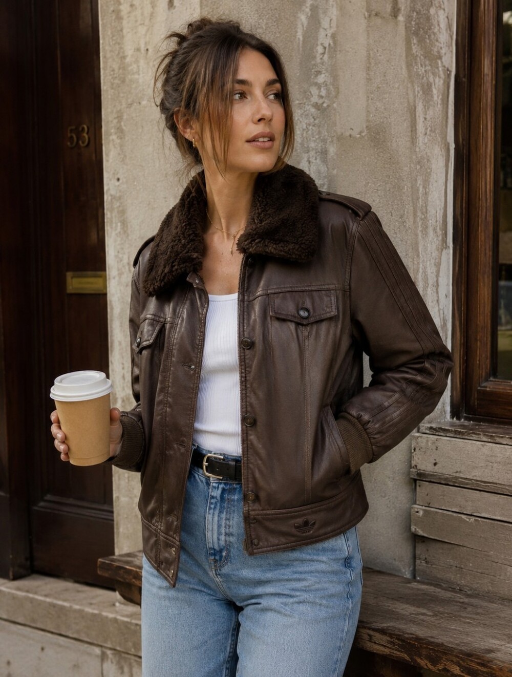 Super Rare Sample Size 100% Brown Leather Adidas Bomber Jacket -